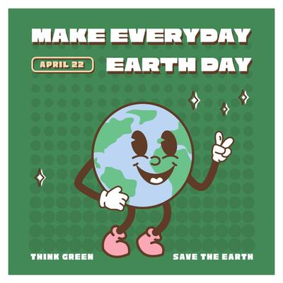 Happy Earth Day Card. Vintage nostalgia cartoon earth planet character mascot smiling. Globe peace hand gesture. Environment friendly recycle concept social media banner. Retro vector illustration.