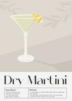 Dry Martini Cocktail in glass with ice and lemon twist. Summer aperitif recipe retro elegant poster. Print with alcoholic beverage decorated with lemon twist and olive tree on background. Vector. vector