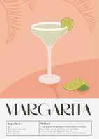 contemporáneo póster de margarita cóctel con Lima cuña, cortado Lima piezas y tropical palma desayuno tardío en el antecedentes. clásico alcohólico bebida receta. moderno de moda impresión. vector ilustración.