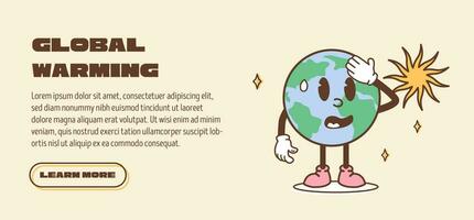 Web banner for Happy Earth Day. Slide or landing page with environmental protection concept. Vintage planet mascot feeling hot. Global warming and climate change concept retro vector illustration.