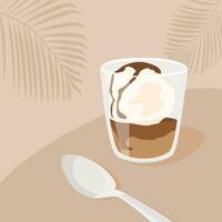 Contemporary square card with affogato coffee dessert with ice cream and spoon on table in cafe. Trendy minimalist poster with dessert. Menu template. Vector flat style illustration.