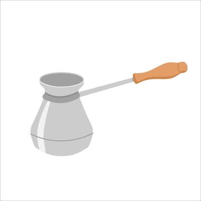 Alternative coffee brewing methods. Turkish cezve pot with hot freshly brewed speciality coffee and wooden handle. Hand drawn colored trendy isolated on white background vector illustration.