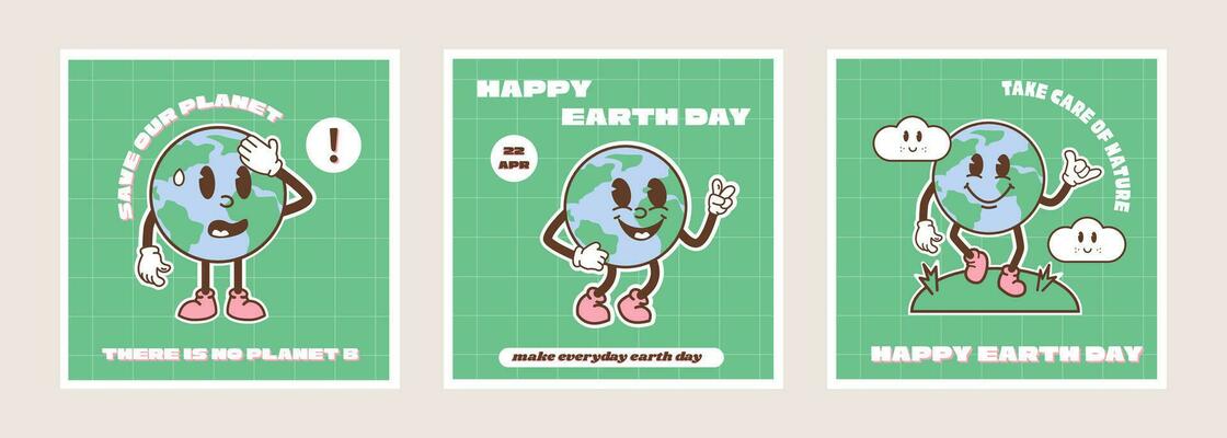 Happy Earth Day Card. Vintage nostalgia cartoon earth planet character mascot smiling. Globe peace hand gesture. Environment friendly recycle concept social media banner. Retro vector illustration.