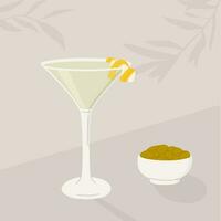 Dry Martini Cocktail in glass with ice and lemon twist. Summer aperitif recipe retro elegant poster. Print with alcoholic beverage decorated with lemon twist and olive tree on background. Vector. vector