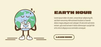 Web banner for Earth hour. Slide or landing page with environmental protection concept. Cute vintage planet mascot with heart sign. Global warming and climate change concept retro vector illustration.