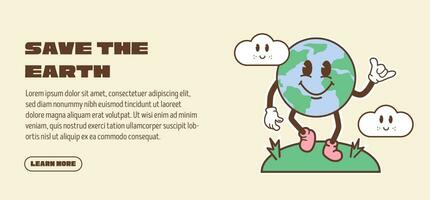 Web banner for Happy Earth Day. Slide or landing page with environmental protection concept. Vintage planet mascot feeling hot. Global warming and climate change concept retro vector illustration.