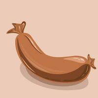 Single brown sausage in stylized style with highlights and shadows on beige background. Vector