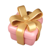 3d pink Valentine Day gift box icon with golden ribbon bow on transparent. Render Romantic love modern holiday item for present shopping banner or poster png