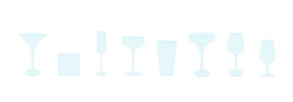 Vector set of cocktail glasses flat icons. Trendy modern simple style of different barware. Empty glassware for bar. Various glass for alcoholic beverages, drinks, juices and smoothies.