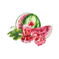 Sliced watermelon with slice and fresh juice in a glass. Watercolor hand drawn illustration. For labels, packaging, banners. For textiles, prints and menus, cookbooks, flyers png
