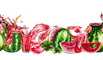 Watermelon. Seamless border with watermelon and fresh juice juice. Watercolor hand drawn illustration. For labels, packaging and banners. For textiles, prints, menus and flyers png