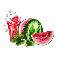 Sliced watermelon with slice and fresh juice in a glass. Watercolor hand drawn illustration. For labels, packaging, banners. For textiles, prints and menus, cookbooks, flyers png