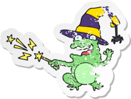 retro distressed sticker of a cartoon toad casting spell png