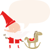 cartoon santa or elf making a rocking horse and speech bubble in retro style png