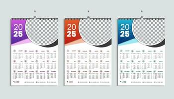 2025 año calendario, semana empieza desde lunes, sencillo y mínimo calendario vector diseño colocar, Inglés anual papelería organizador pared calendario modelo 12 meses, púrpura, naranja, verde colores haz