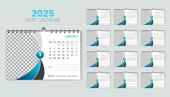 Desk calendar 2025 planner and corporate design template set, Annual calendar 2025 for 12 months, week starts Monday, abstract blue gradient color shape with vector layout