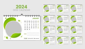 viaje escritorio calendario 2024 planificador y corporativo diseño modelo colocar, anual calendario 2024 para 12 meses, semana empieza lunes, resumen verde degradado color forma con vector disposición, impresión, y tarjeta