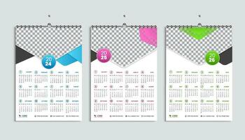 Bundle of three abstract gradient wall calendar 2024, 2025 and 2026 designs, week starting Monday. Clean, elegant white background and luxury concept, perfect for home school college and office vector