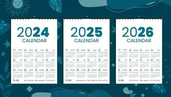 pared calendario 2024, 2025, y 2026 diseño modelo manojo, semanas comenzando lunes. limpio, elegante blanco antecedentes modelo y lujo concepto, adecuado para hogar colegio Universidad y oficina vector