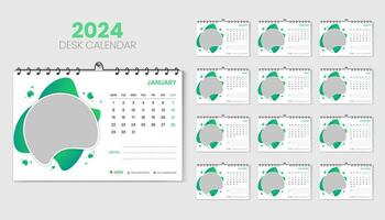 Travel desk calendar 2024 planner and corporate design template set, Annual calendar 2024 for 12 months, week starts Monday, abstract green gradient color shape with vector layout, printing, and card