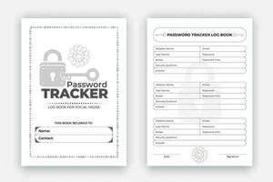 Password tracker log book design template, personal and website data format notebook, reminder journal interior with black white paper vector