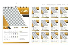 pared calendario 2024 diseño plantilla, semana comenzando desde lunes, limpio, elegante modelo calendario planificador, resumen dorado color y lujo concepto, Perfecto utilizar en hogar colegio Universidad y oficina vector