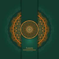 Luxury mandala design template in gold with green color background, coloring book pattern in mandala style for mehndi, tattoo, mehndi, decorative ornaments in ethnic oriental style vector