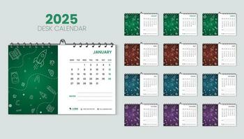 escritorio calendario 2025 planificador y corporativo diseño modelo conjunto para escuela, anual calendario 2025 haz para 12 meses, semana empieza lunes, múltiple color formas con vector disposición, mano dibujado calendario