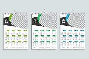 pared calendario 2024 diseño plantilla, semana comienzo lunes, limpio, elegante modelo calendario planificador, resumen hoja verde, azul, verde degradado color lujo idea para hogar escuela, Universidad oficina vector