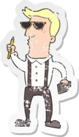 retro distressed sticker of a cartoon man with notebook png