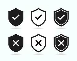 Shield with check mark and shield with cross mark icons. Tick and cross icons vector