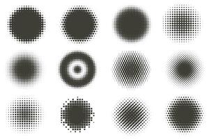 Dotted halftone rounds on white background. Geometric circle graphic. Radial gradient effect with gradation. Spotted circular shapes. Vector