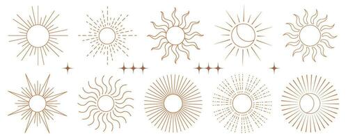 Boho sun vector logo. Outline bohemian moon with rays. Minimal magic abstract outline illustration. Yoga and astrology symbols set. Celestial tribal illustration