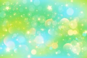 Green bokeh background with blurred light. Spring nature abstract bg with golden glitter and stars. Soft vector gradient backdrop