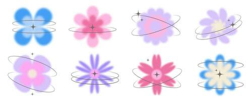 Y2k blurred flower. Gradient aesthetic stickers with soft glow effect and aura with stars on orbits. Cute smooth futuristic vector collection on white background