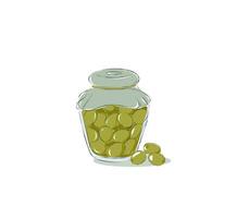 Canned green olives in a jar outline vector illustration. Marinated or pickled black olives with stone in a tin can. Isolated on a white background
