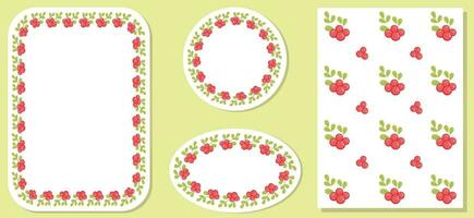 Set of 3 Decorative Wreaths with Branches, Berries, and Leaves, and a seamless pattern. Frames, Circles, Square, and Oval. Vector illustration.