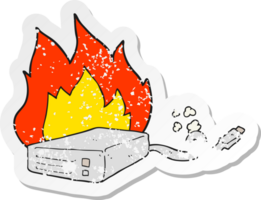 retro distressed sticker of a cartoon computer hard drive burning png