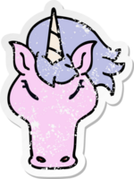 distressed sticker of a quirky hand drawn cartoon unicorn png
