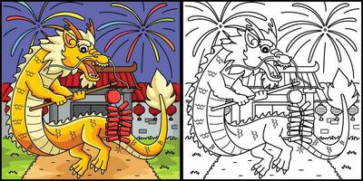 Year of the Dragon Fireworks Coloring Illustration vector