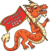 Year of the Dragon Holding a Flag Cartoon Clipart vector