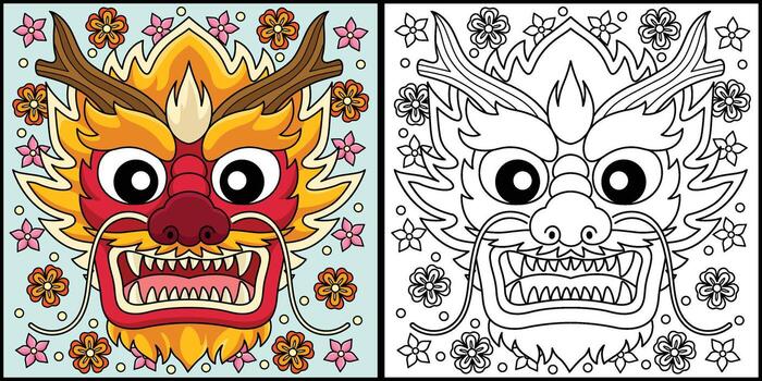 Year of the Dragon Face Coloring Page Illustration vector