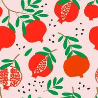 Ripe red pomegranates on a branch with green leaves. Seamless pattern with pink background for fashion textiles. Vector. vector