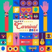 Happy Carnival  2024 colorful geometric background with splashes  speech bubbles  masks and confetti for cover, poster, social media template vector