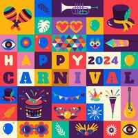 Happy Carnival  2024 colorful geometric background with splashes  speech bubbles  masks and confetti for cover, poster, social media template vector