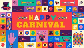 Happy Carnival  colorful geometric background with splashes  speech bubbles  masks and confetti for cover, poster, social media template vector