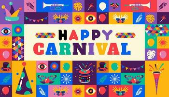 Happy Carnival  colorful geometric background with splashes  speech bubbles  masks and confetti for cover, poster, social media template vector