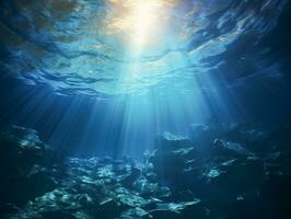 AI generated Underwater ocean blue abyss diving scene with natural sea life and sunlight photo