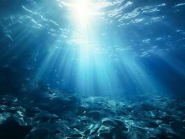 ai generado submarino Oceano azul abismo buceo escena con natural mar vida y luz de sol foto