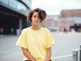 ai generado atractivo joven mujer vistiendo blanco vacío demasiado grande amarillo camiseta Bosquejo para diseño modelo foto